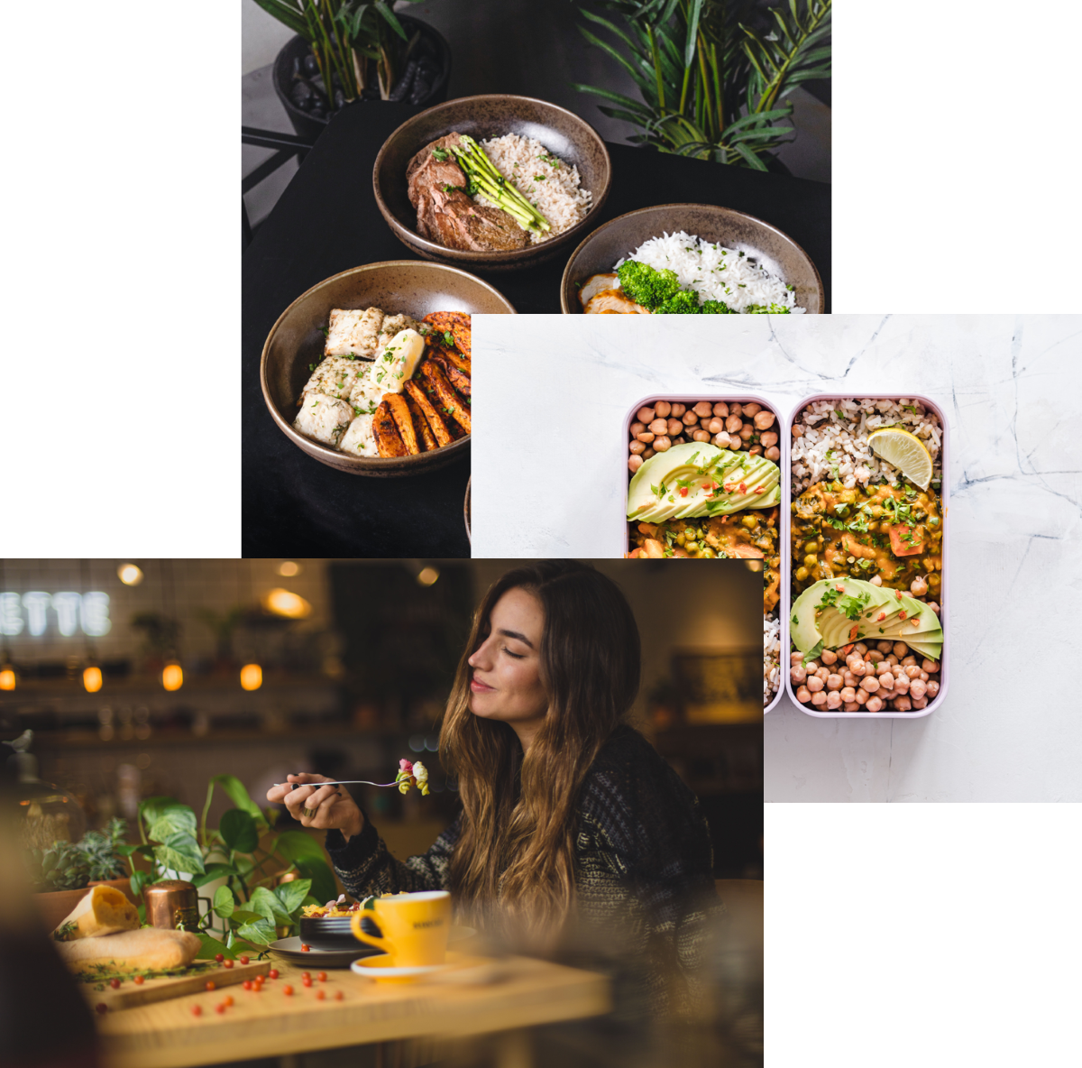 Woman enjoying food, meals in storage container and food bowls on a table